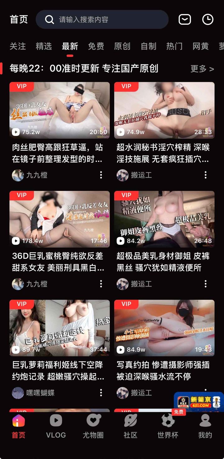 最新分栏下的双列卡片，带 VIP 角标、播放量与时长